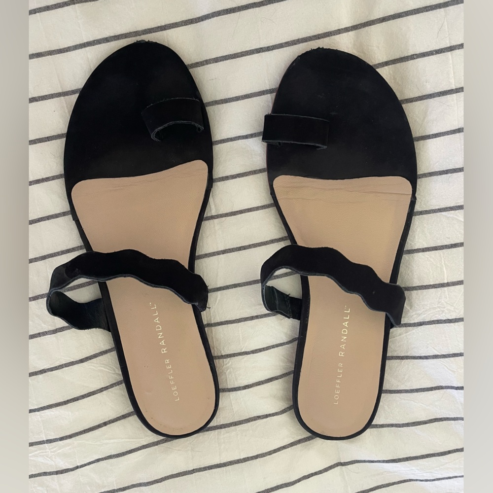 Loeffler Randall, Flat Scalloped Sandal, Black Suade, Size 9